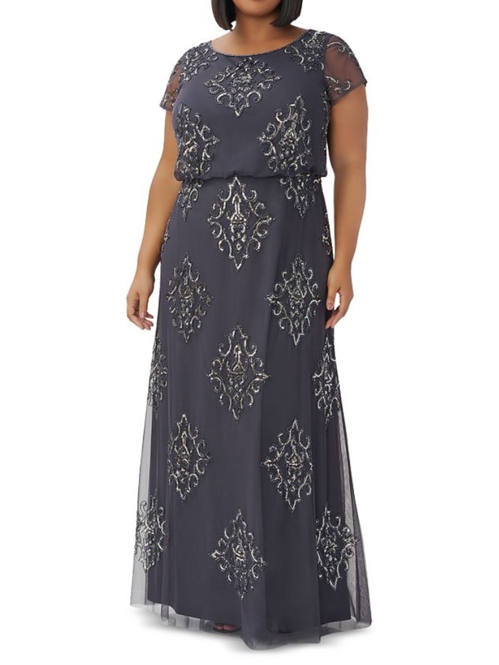 Adrianna Papell Blouson Sequin Gown Dark Gray Modest Formal Dress 30W HEMMED